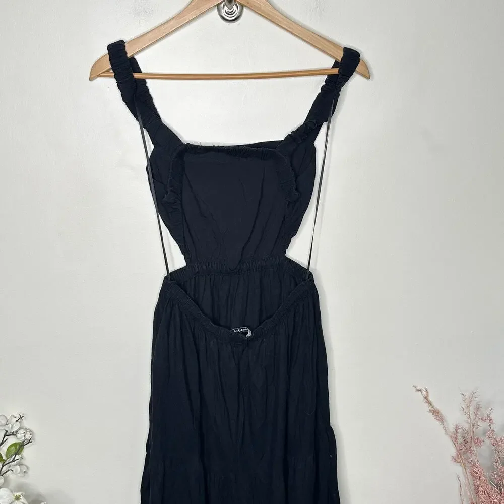 ABERCROMBIE & FITCH Linen Blend Cut Open Black Maxi Vacation Dress Sz M {3N16}